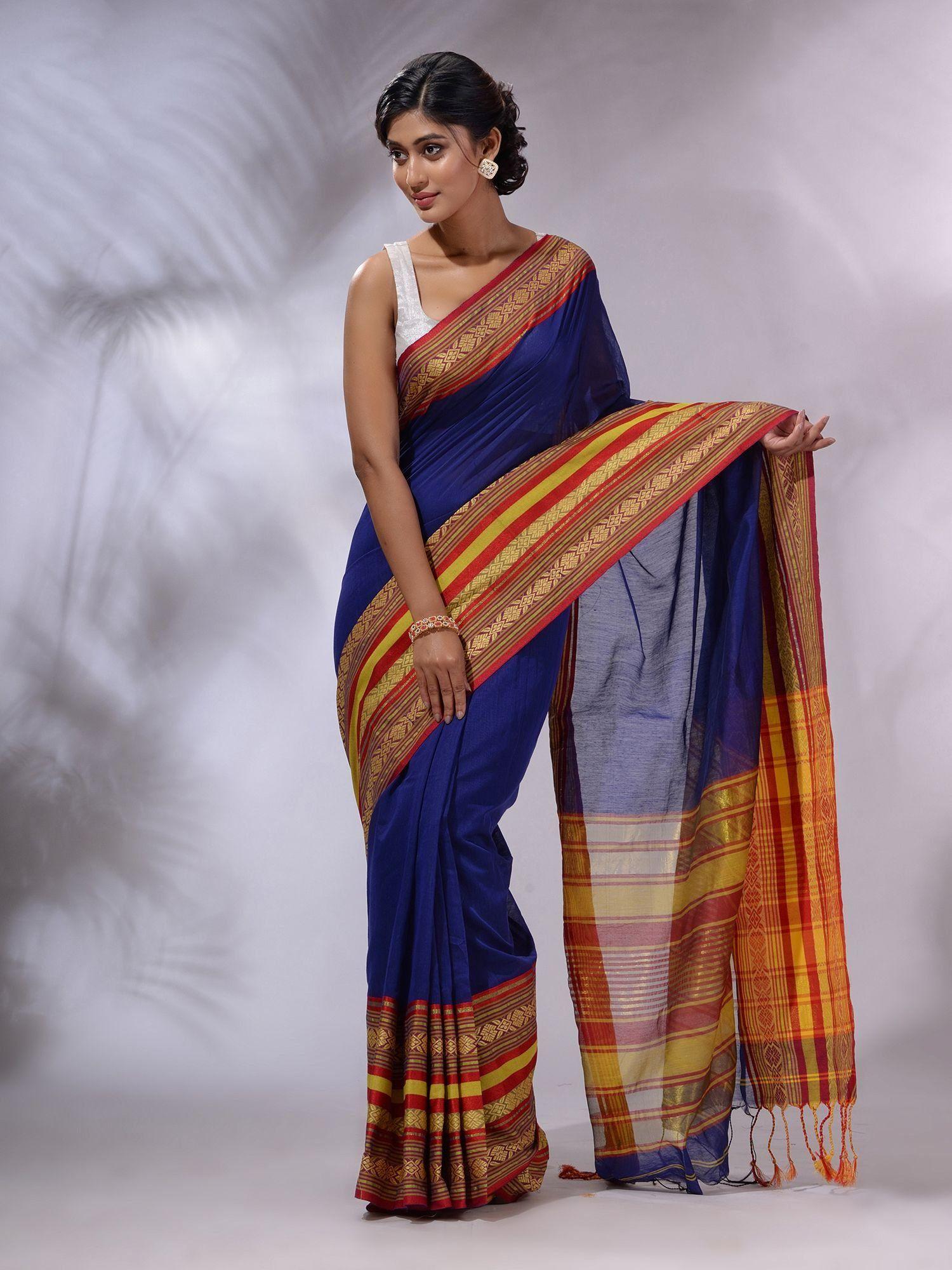 blue cotton silk handwoven saree with unstitched blouse and nakshi borders