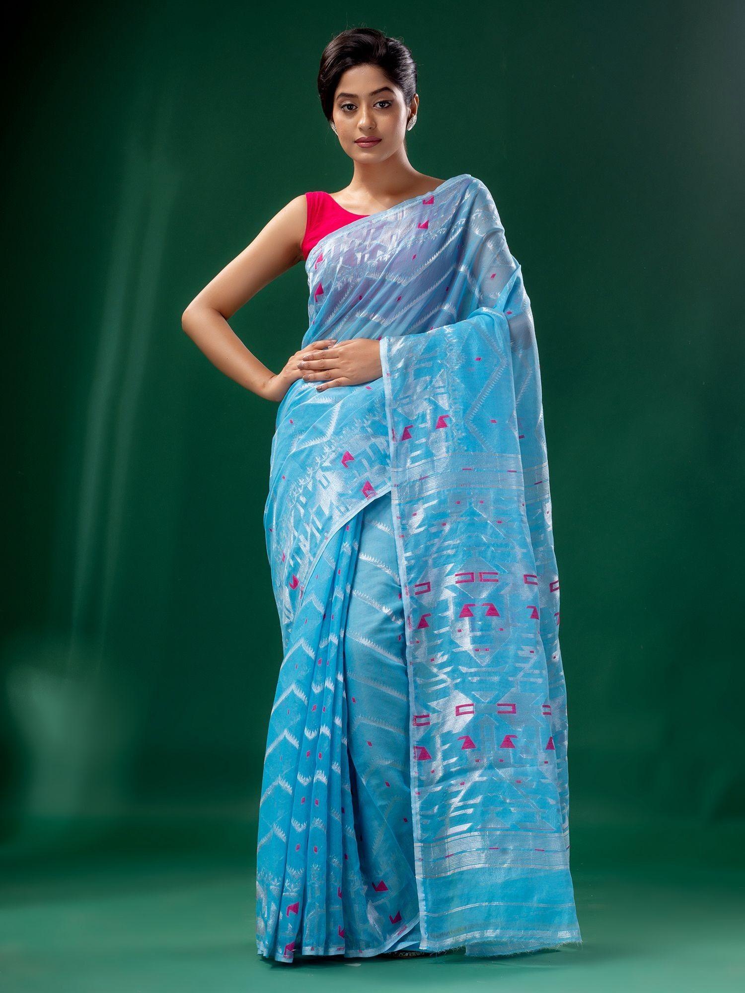 blue cotton silk handwoven soft jamdani saree without blouse