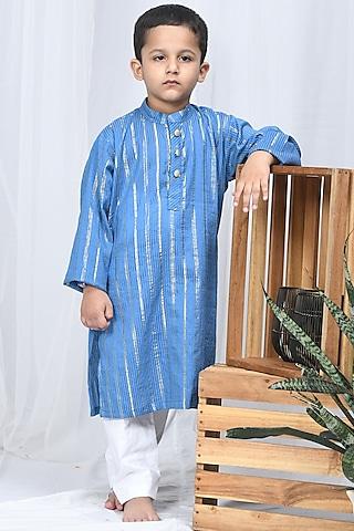 blue cotton silk kurta set for boys