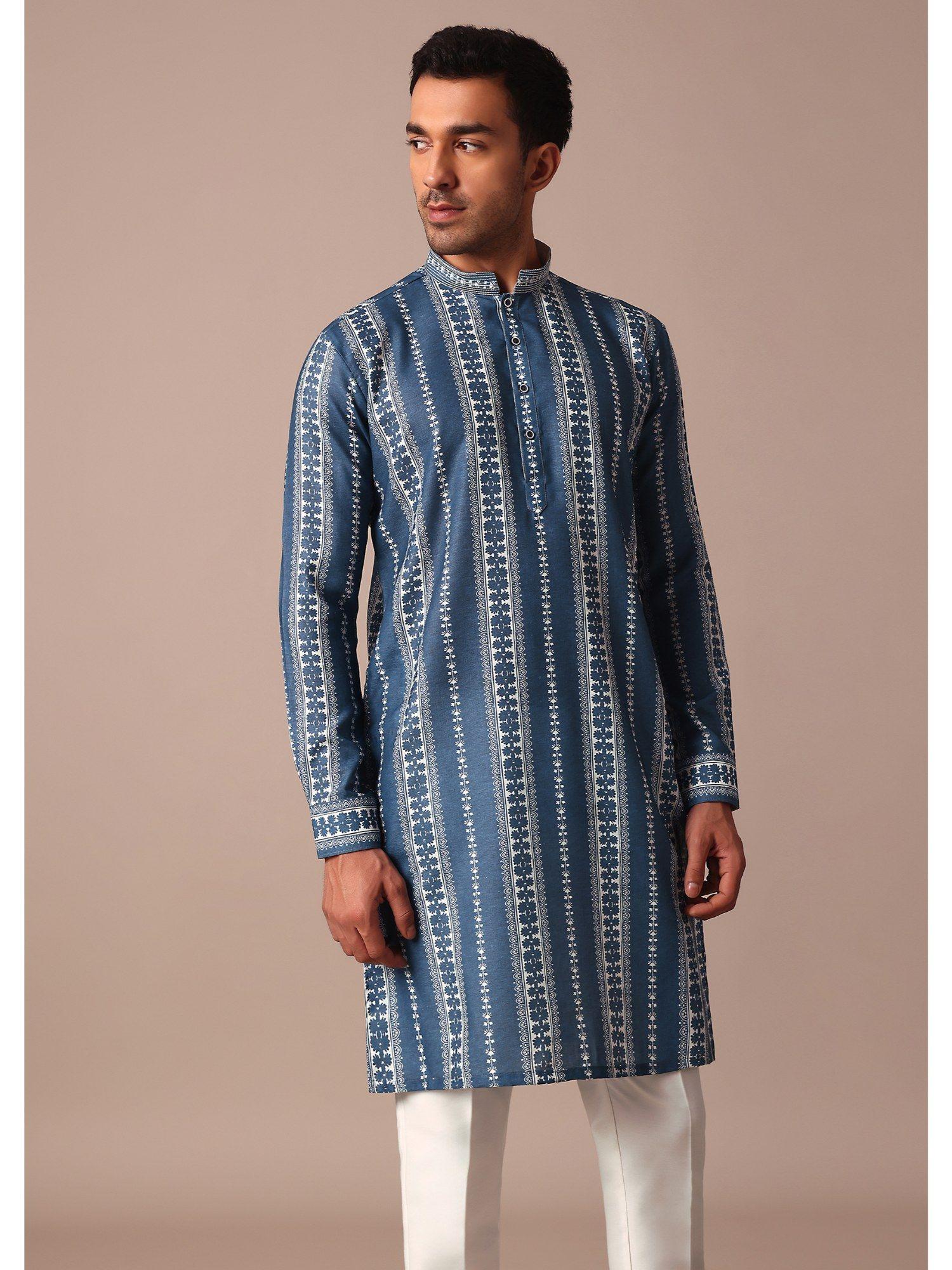 blue cotton silk kurta with print