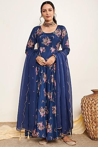 blue cotton silk printed anarkali set