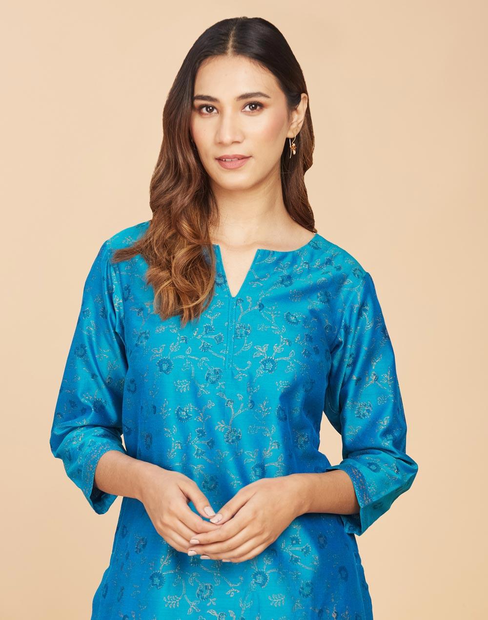 blue cotton silk printed knee length kurta