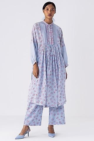 blue cotton silk ruffled tunic