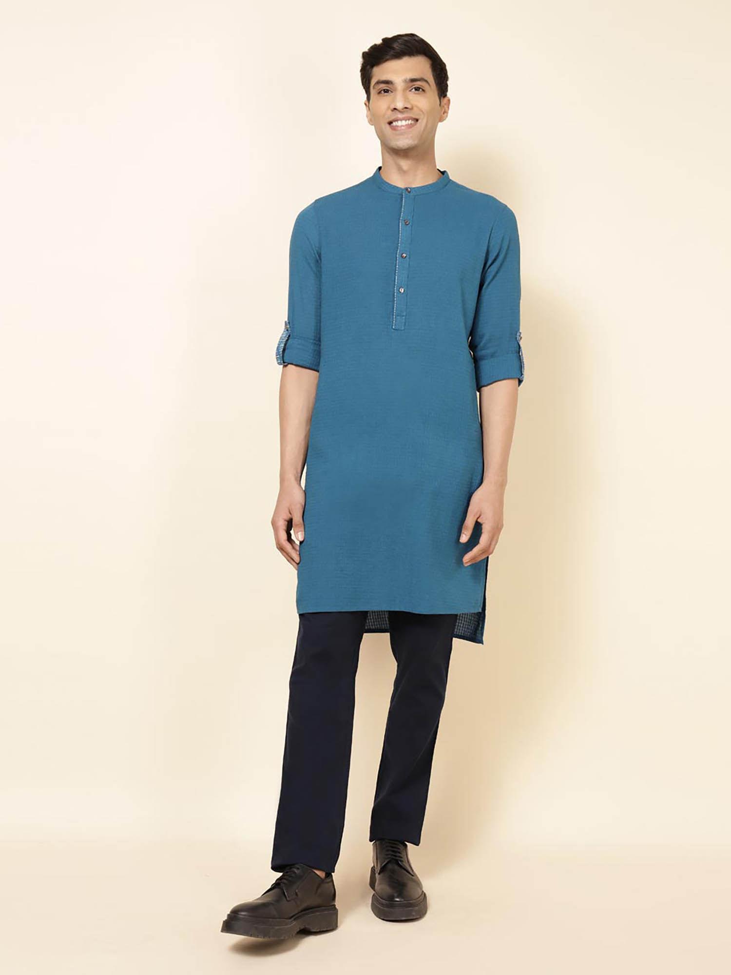 blue cotton slim fit dobby kurta