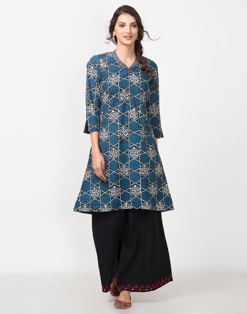 blue cotton slub dabu printed asymmetric knee length kurta