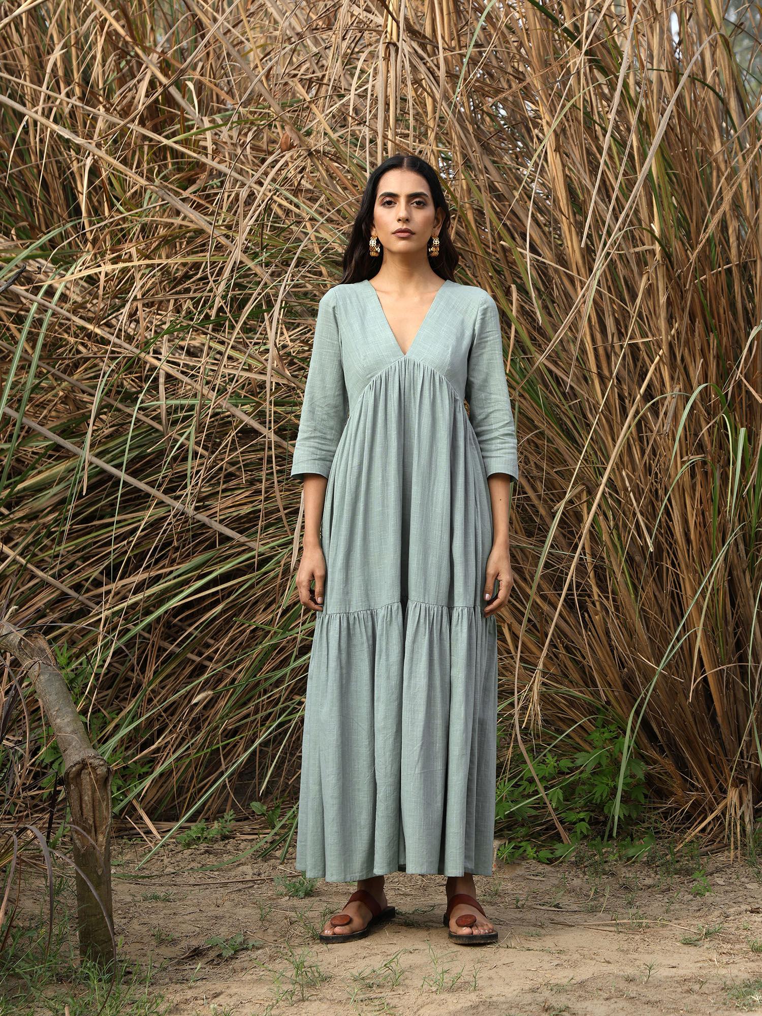 blue cotton solid flared maxi dress