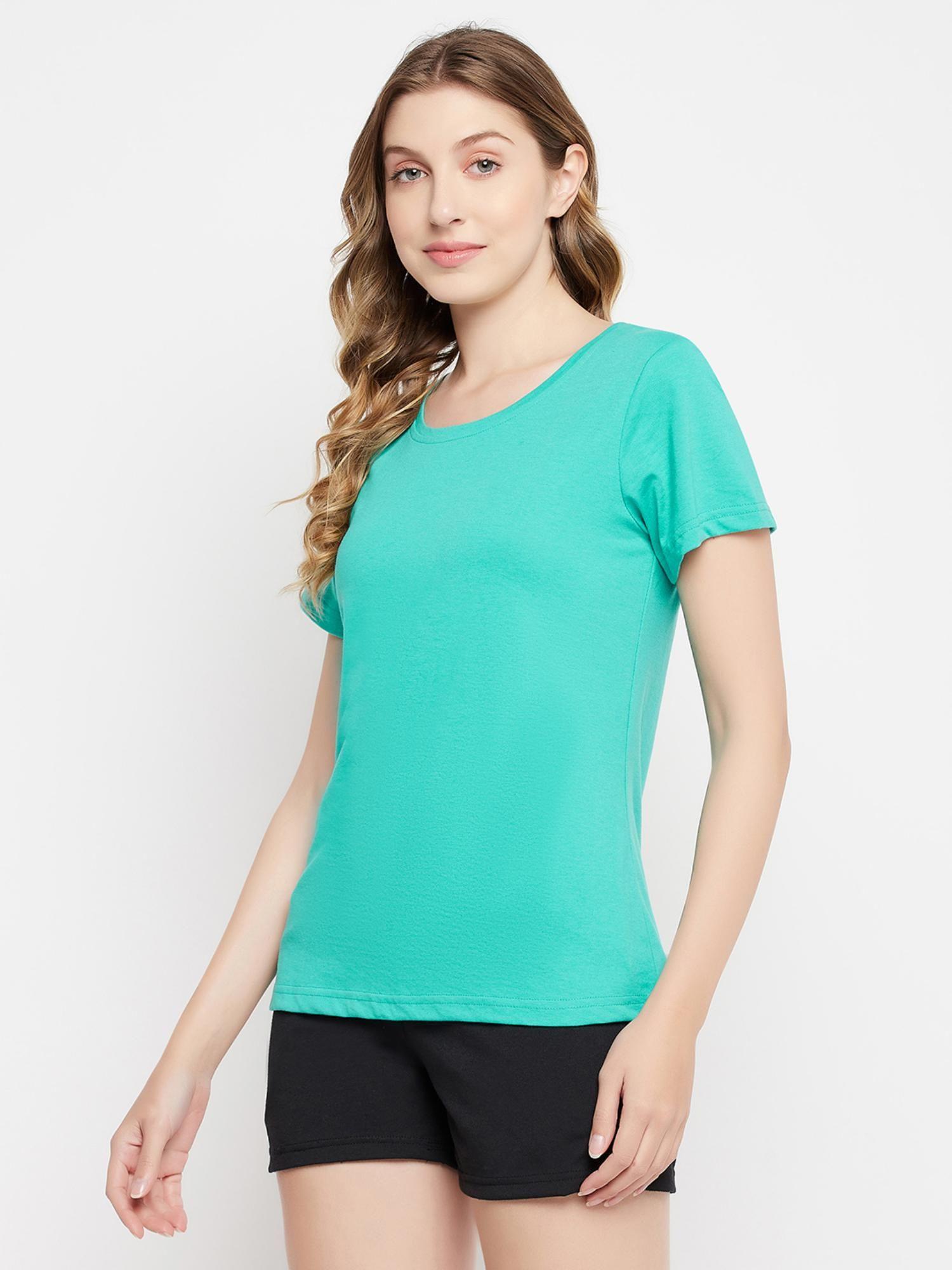 blue cotton solid sleepwear t-shirt