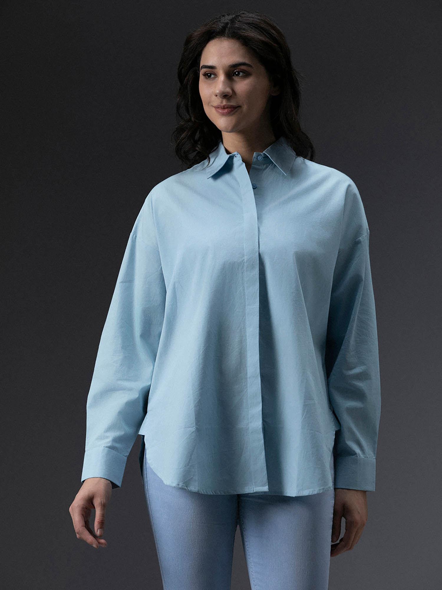 blue cotton spread collar long sleeves shirts