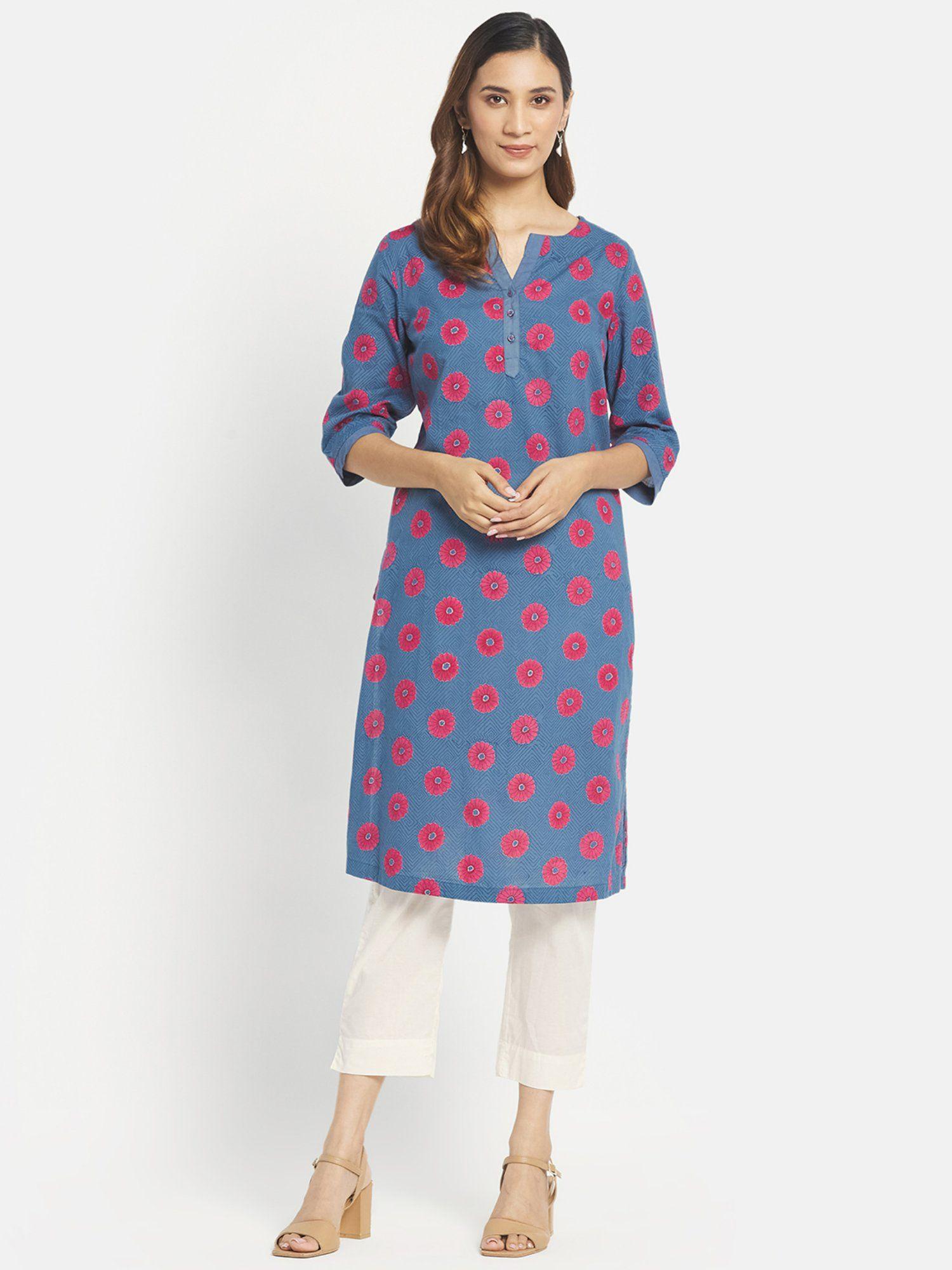 blue cotton straight knee length kurta