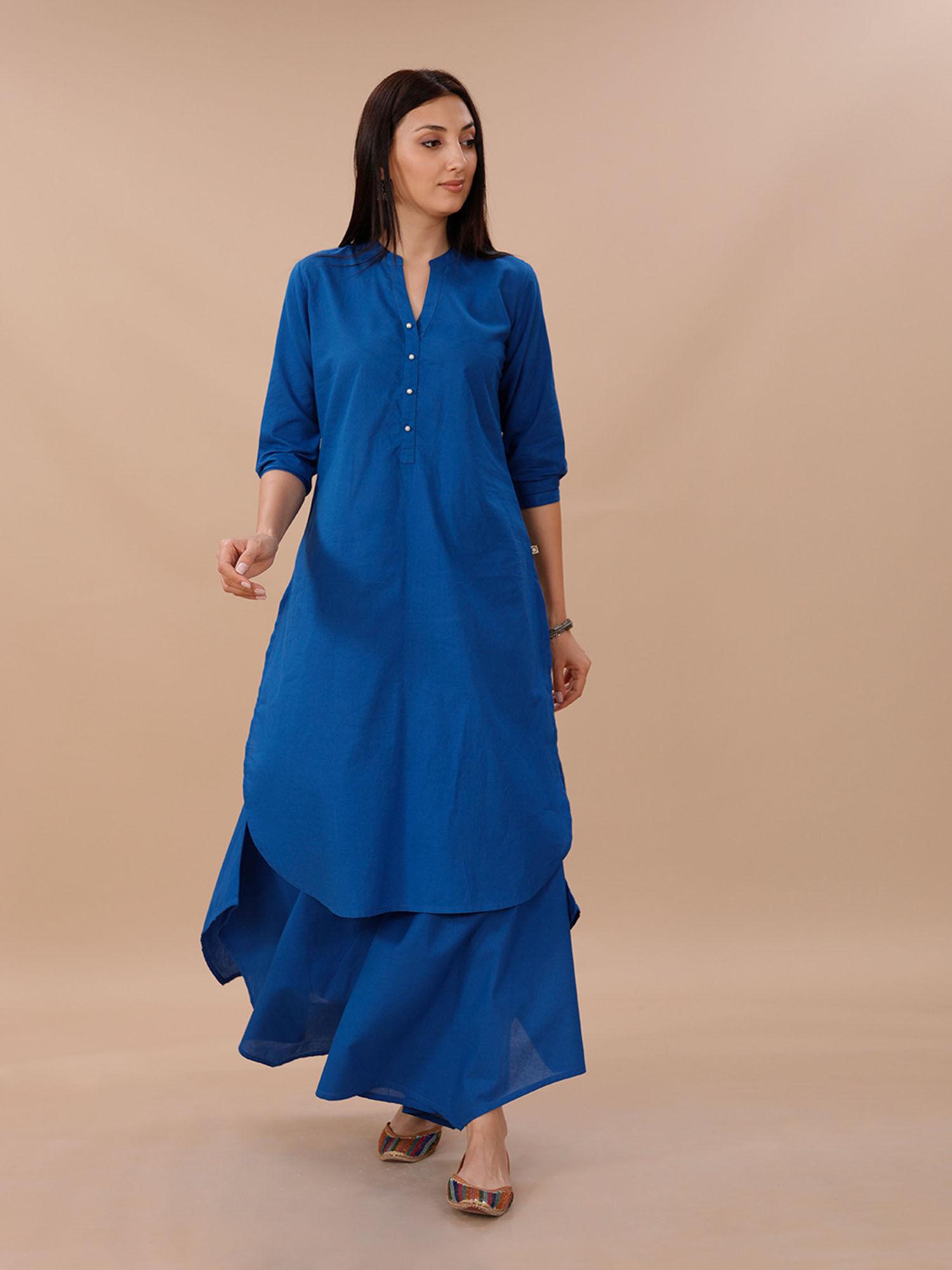 blue cotton straight kurta with pants (set of 2)