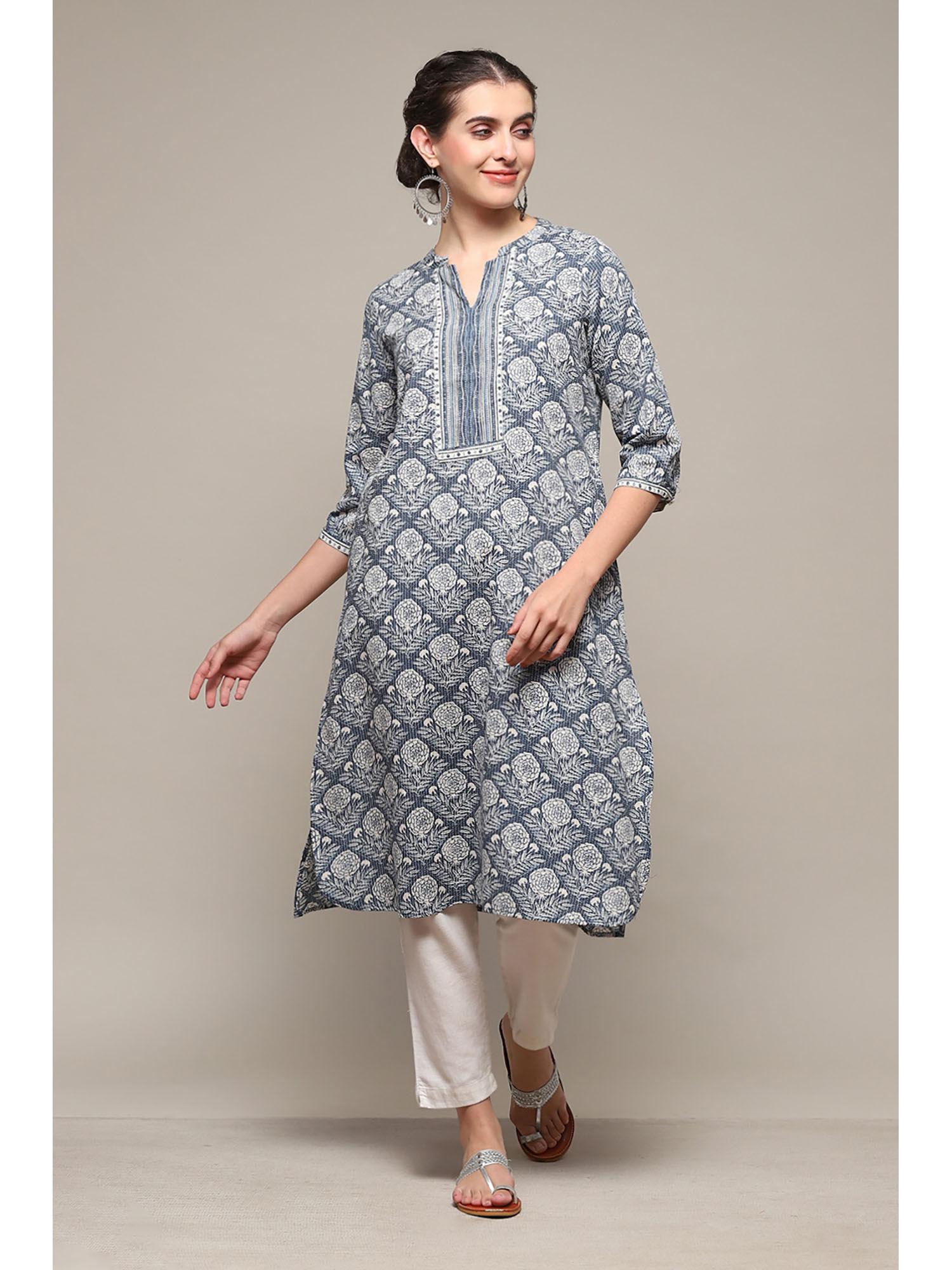 blue cotton straight printed kurta