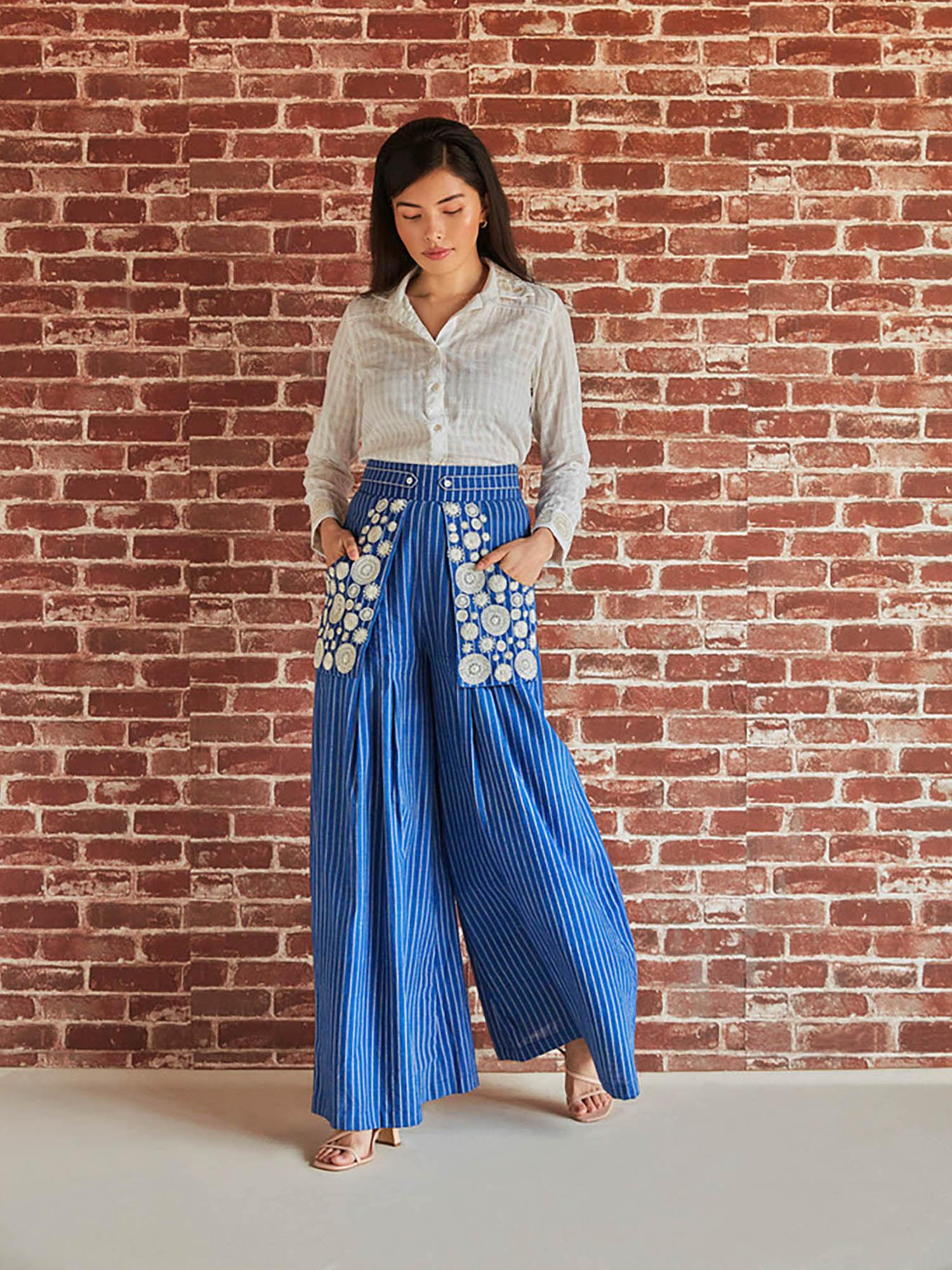 blue cotton stripe pleated and embroidered palazzo