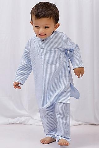 blue cotton stripes printed kurta set for boys