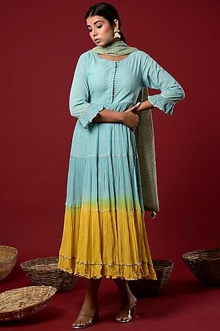 blue cotton tiered dress with dupatta