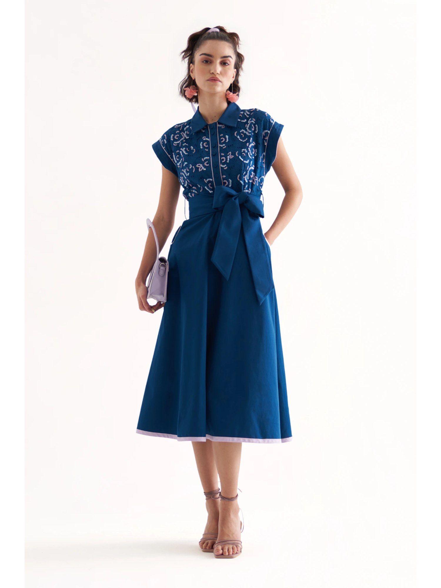 blue cotton twill and schiffli embroidered midi dress with belt (set of 2)