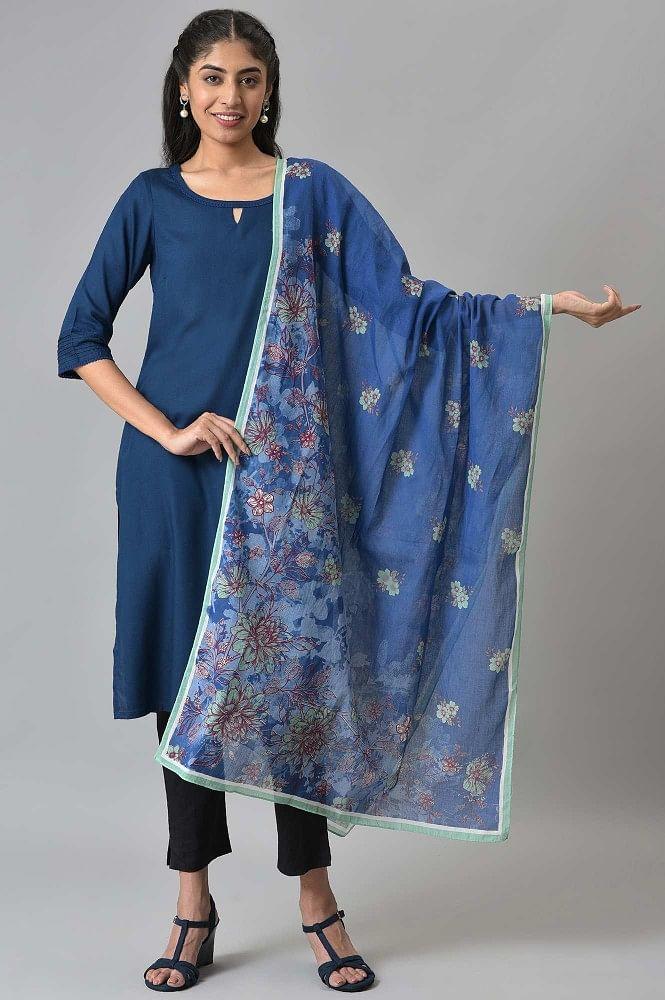 blue cotton voile floral print dupatta