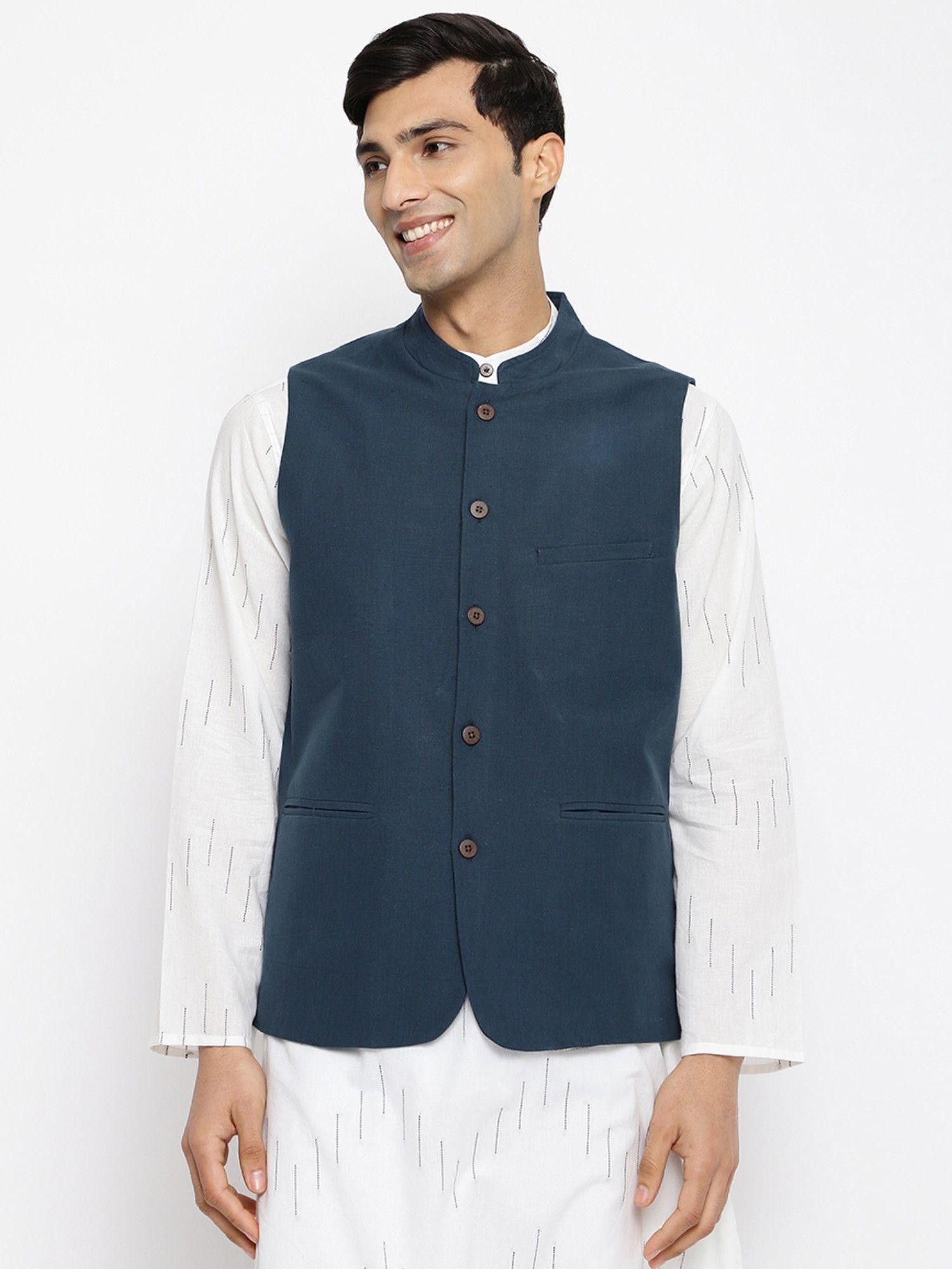 blue cotton woven nehru jacket
