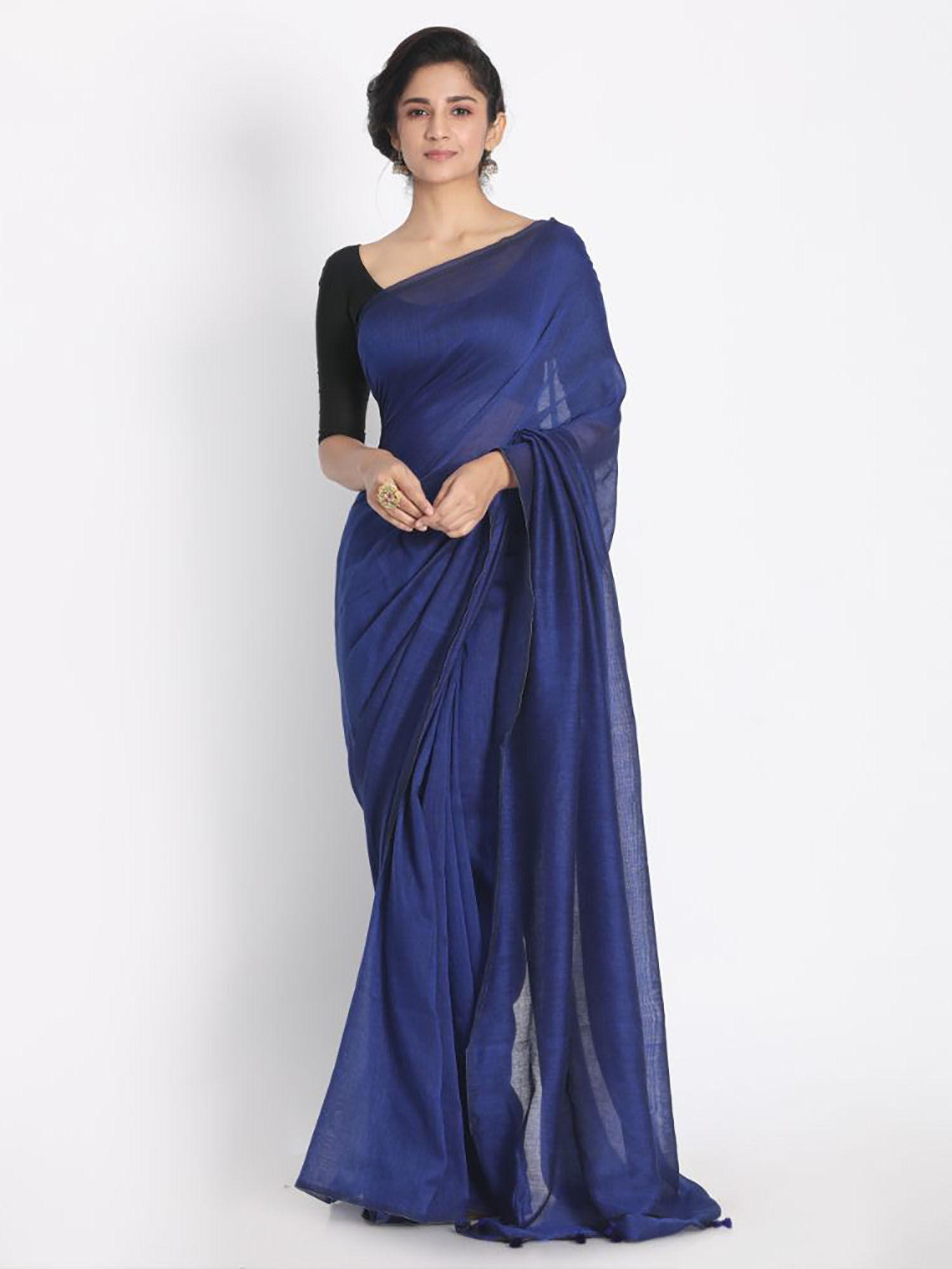 blue cotton woven saree with unstitched blouse