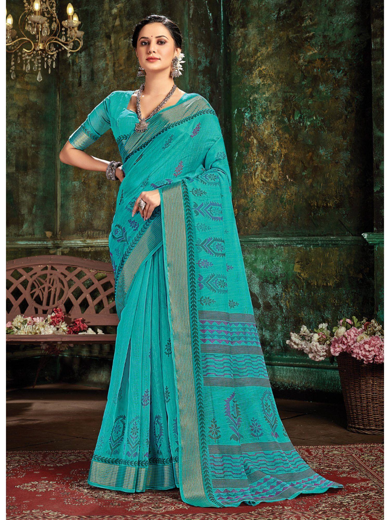 blue cotton woven work traditional saree with unstitched blouse