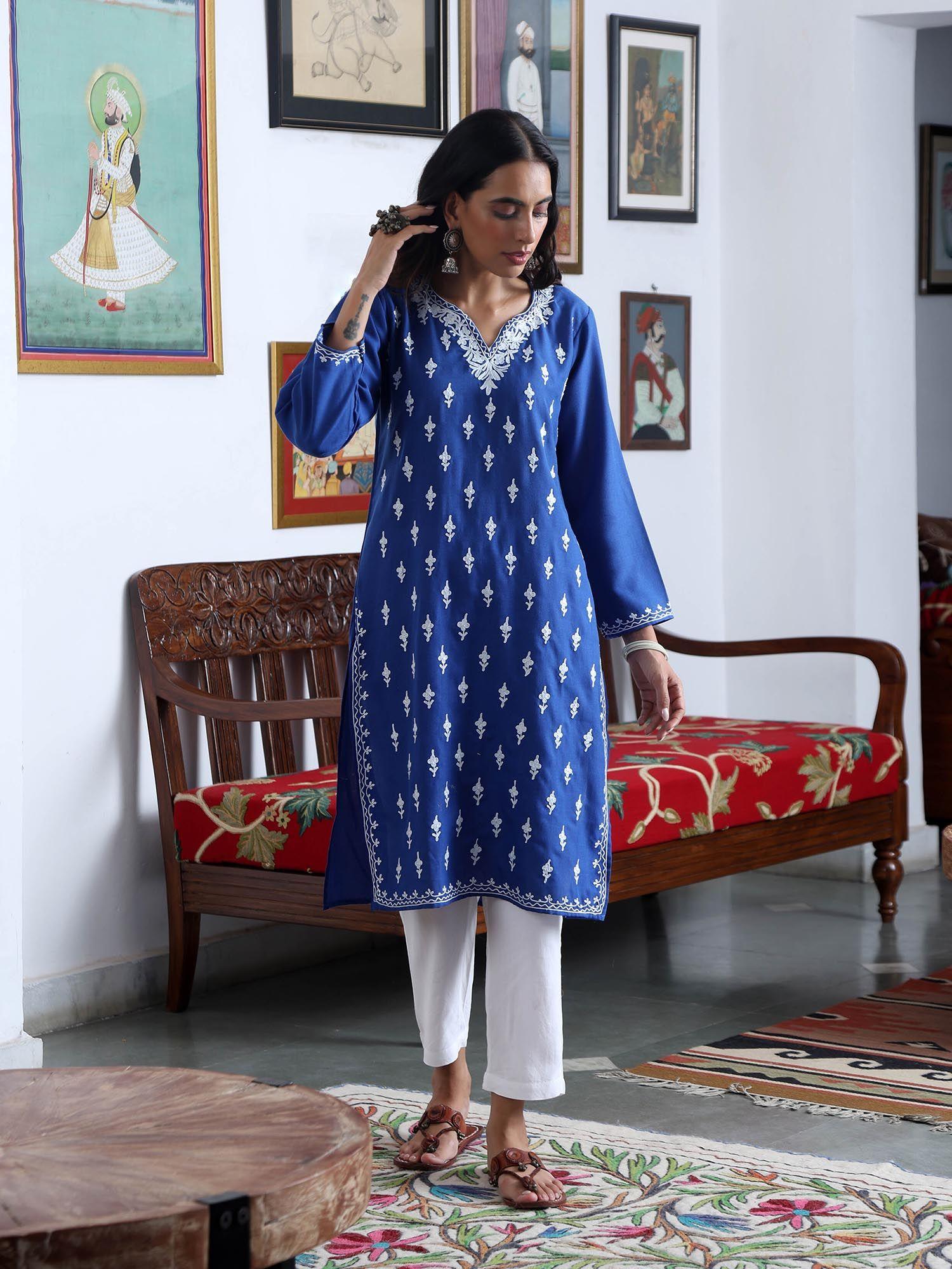 blue crafts aari embroidered long kurta