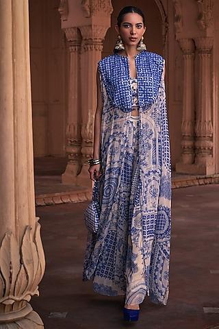 blue crepe & georgette printed cape set