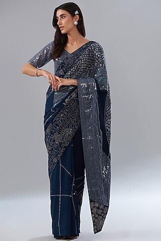 blue crepe & tulle embroidered saree set