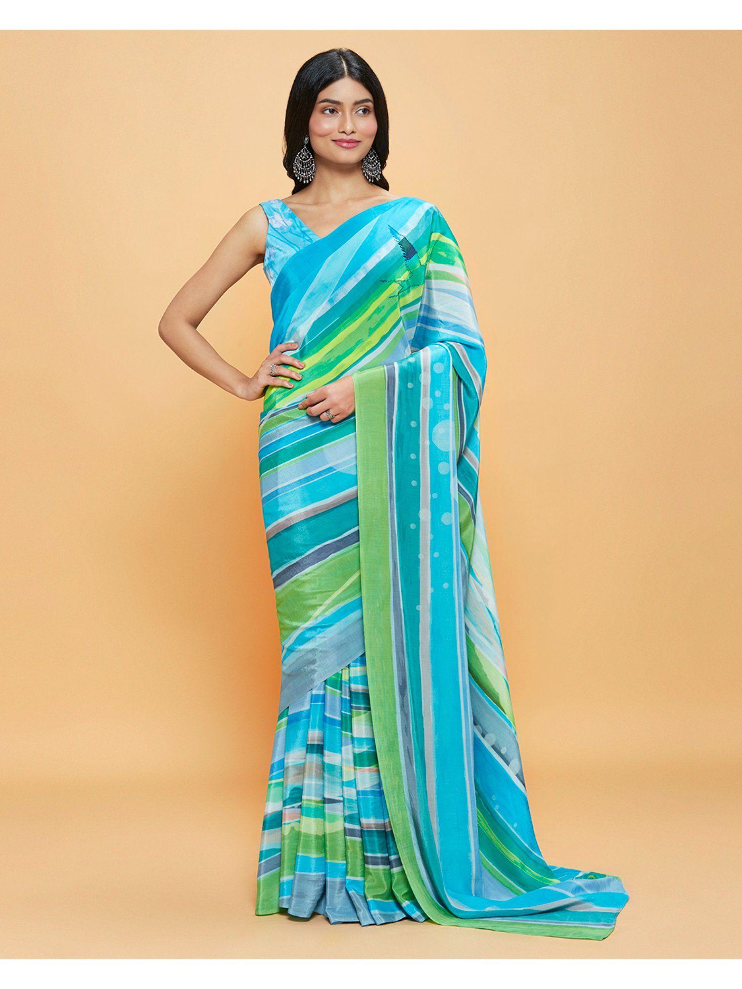 blue crepe crystal stones print saree with unstitched blouse