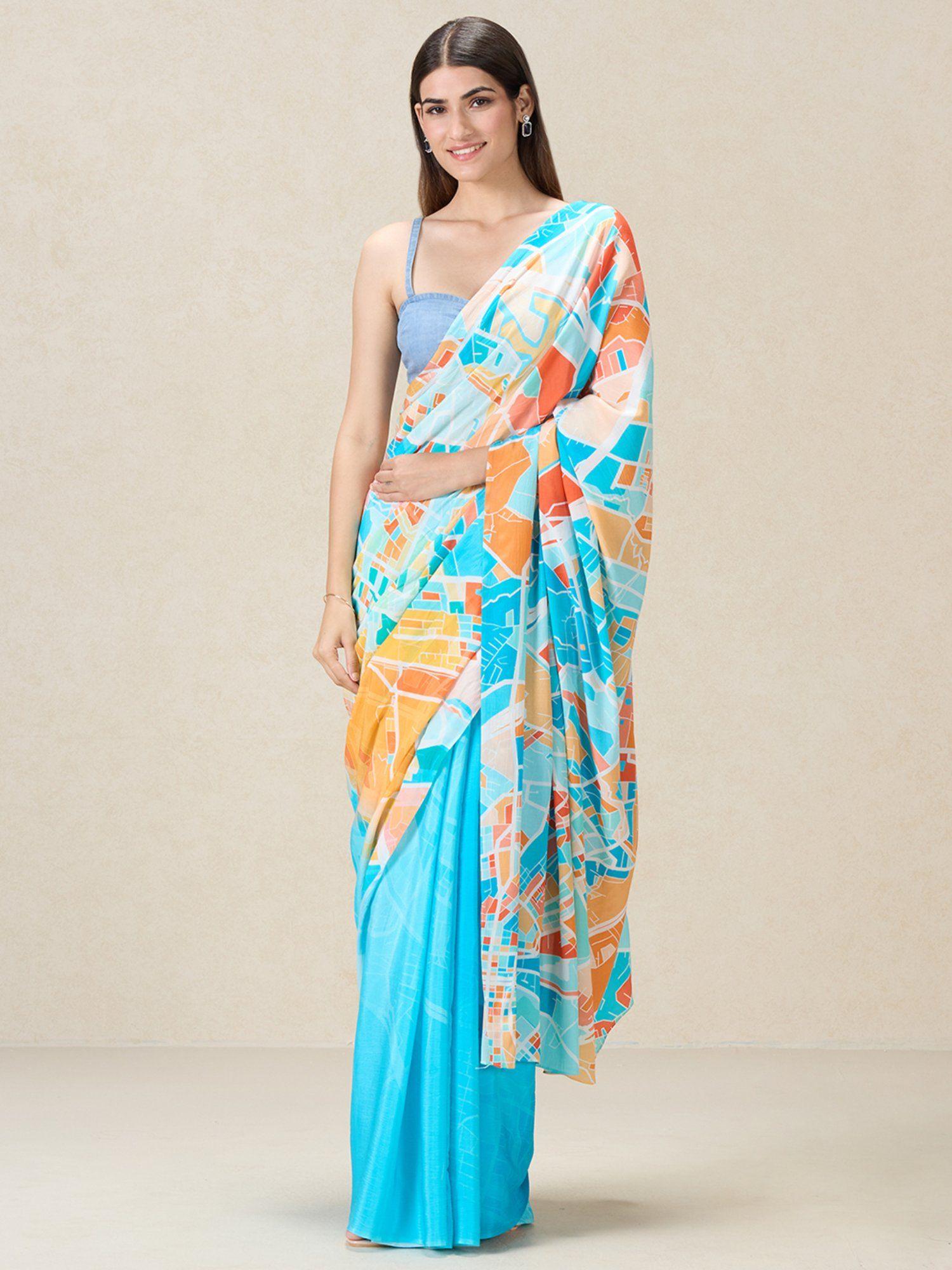 blue crepe digital print saree with unstitched blouse
