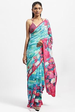 blue crepe embellished saree