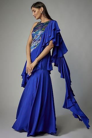 blue crepe embroidered gown saree