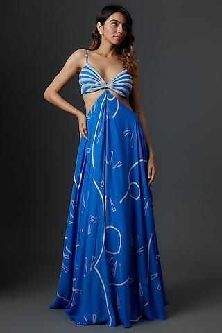 blue crepe embroidered maxi dress