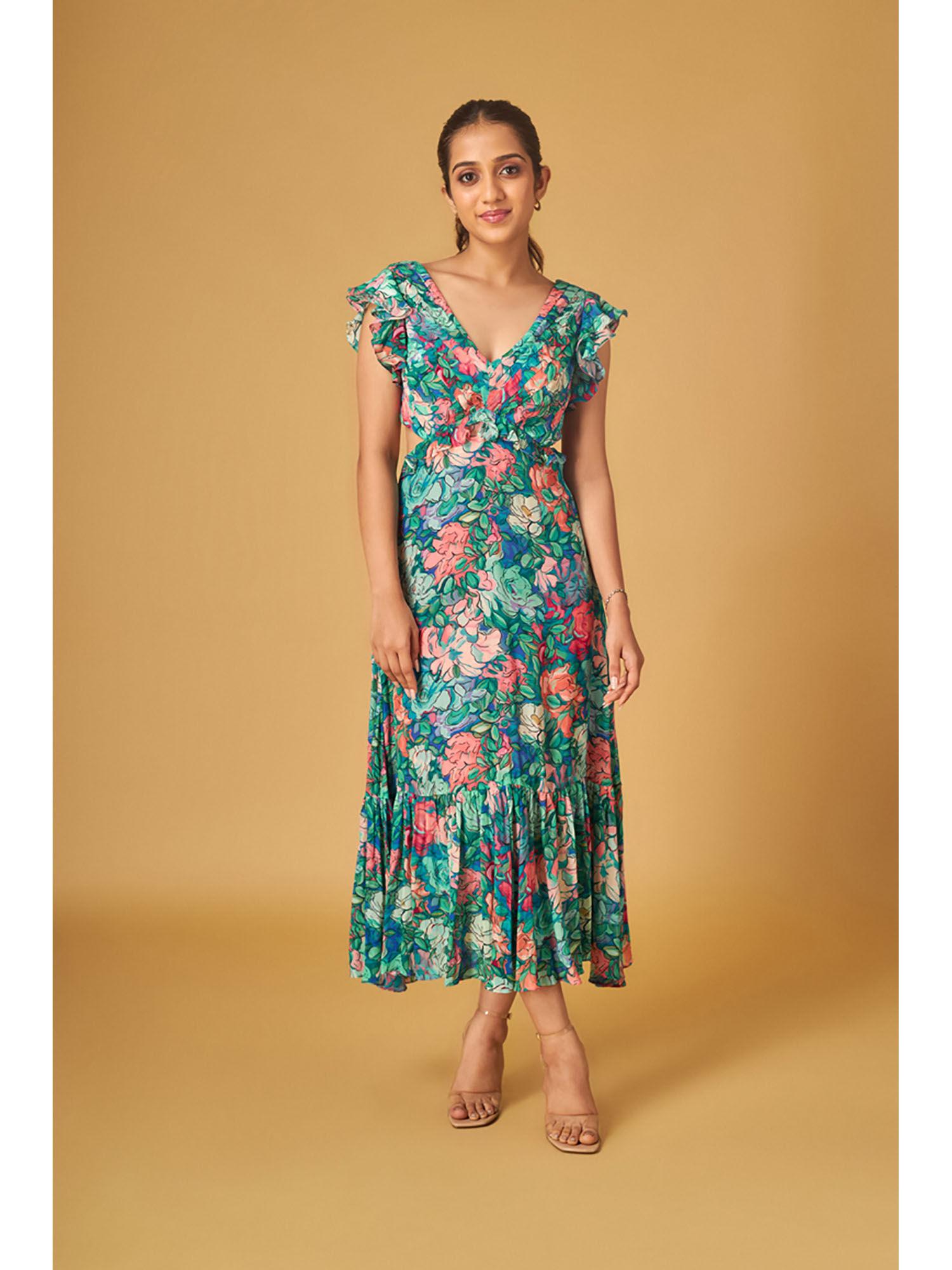 blue crepe floral side cutout midi dress