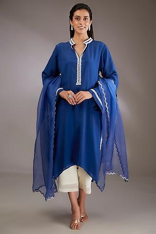 blue crepe hand embroidered a-line kurta set