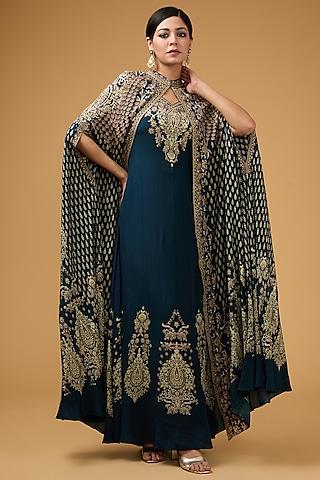 blue crepe printed & embroidered cape set