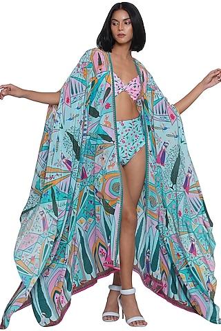 blue crepe printed & embroidered cape