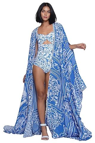 blue crepe printed & embroidered cape