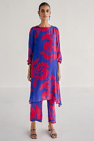 blue crepe printed a-line kurta set