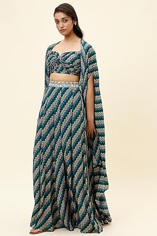 blue crepe printed cape set