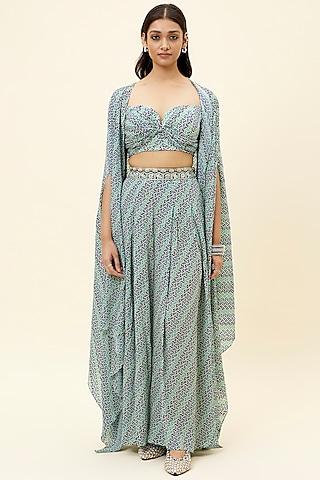 blue crepe printed cape set