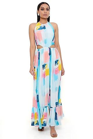 blue crepe printed cut-out dress