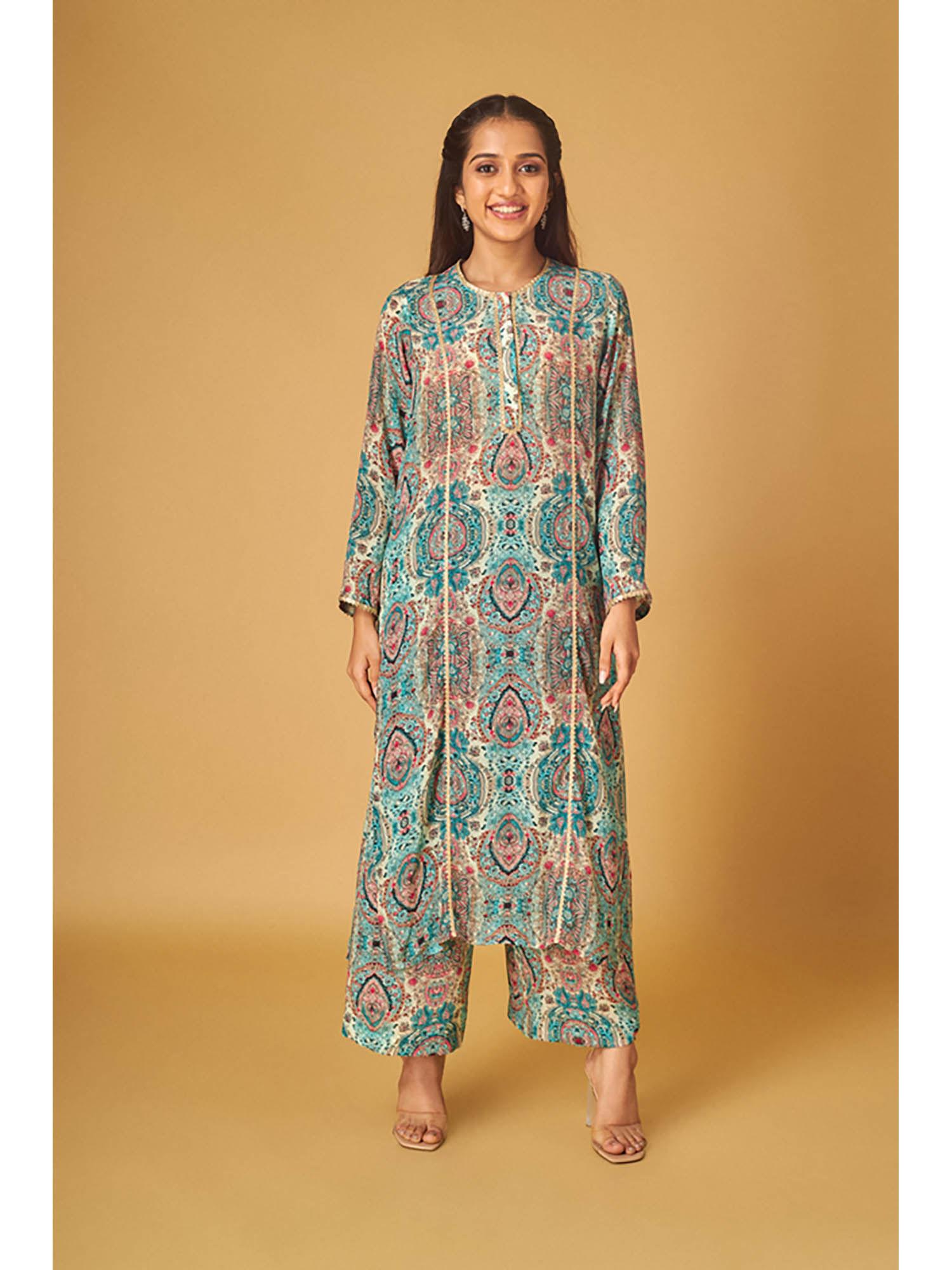 blue crepe printed gota work kurta and pant (set of 2)