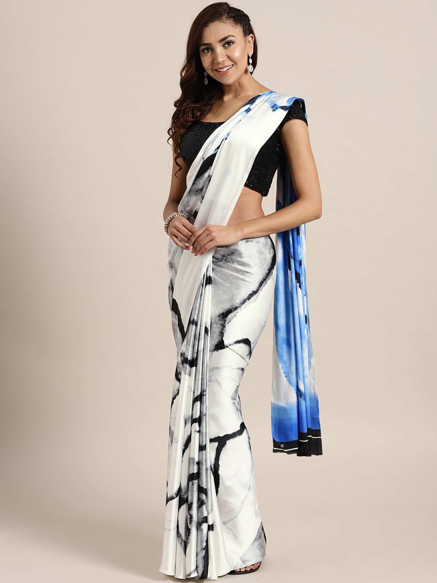 blue crepe saree with unstitched blouse