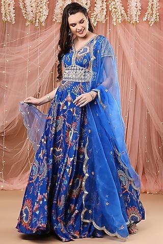 blue crepe silk printed anarkali set