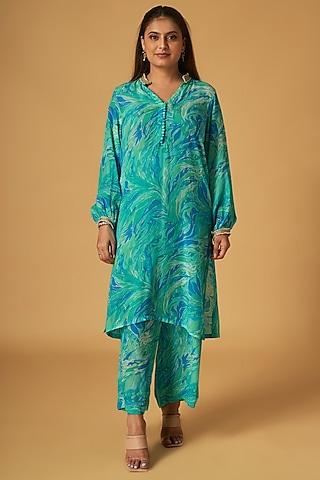 blue crepe tropical printed tunic set