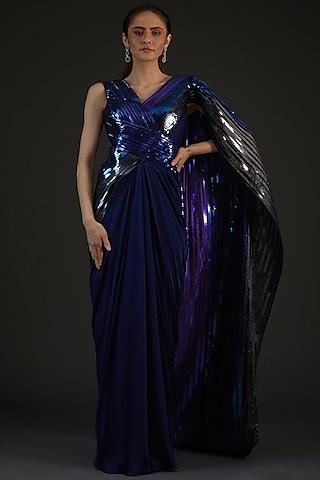 blue crinkled chiffon & satin lycra gown