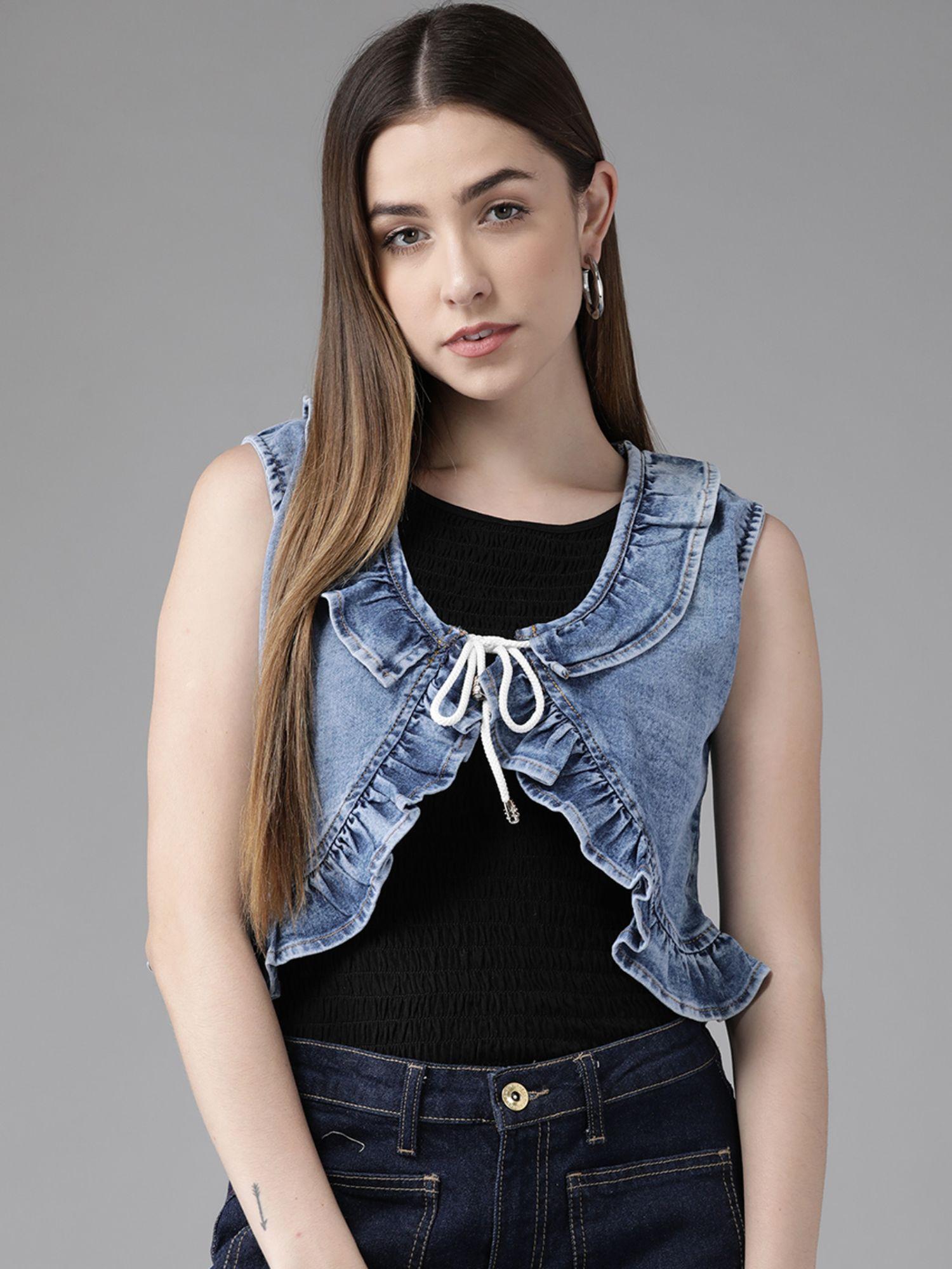 blue crop shrug with ruffle detail