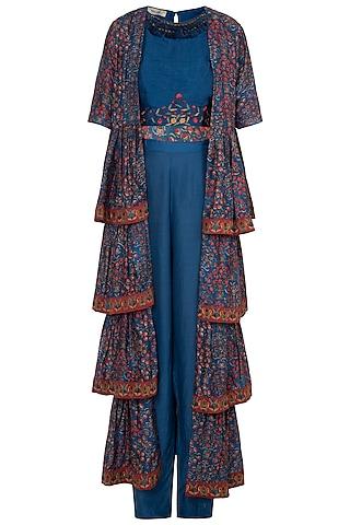 blue crop top with pants & embroidered printed cape