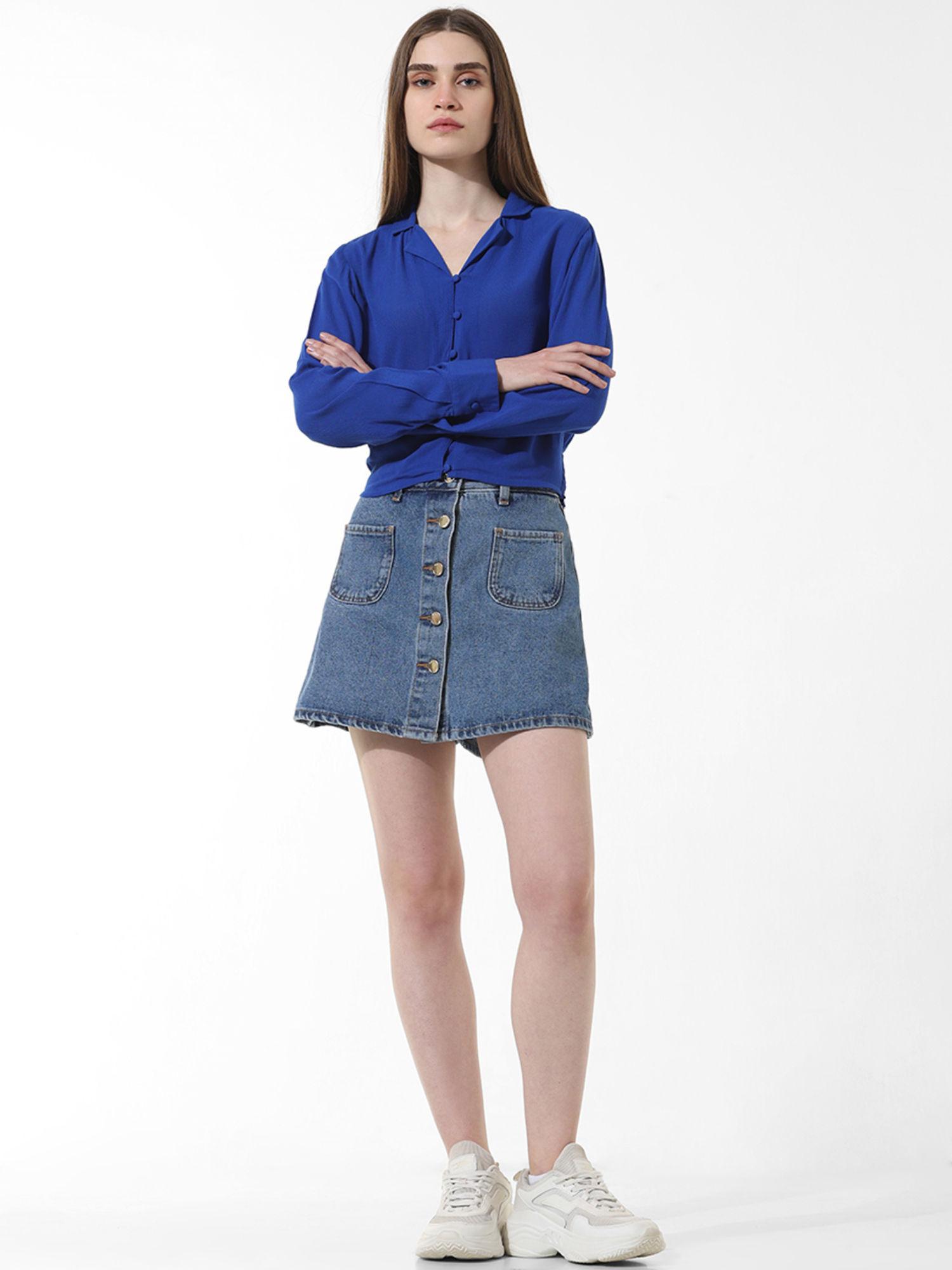 blue cropped crinkled shirt