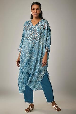 blue crushed silk printed & sequin embroidered kurta set