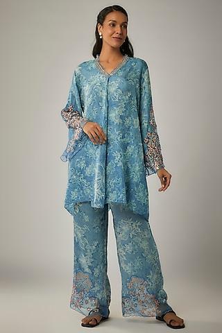 blue crushed silk printed & sequin embroidered kurta set